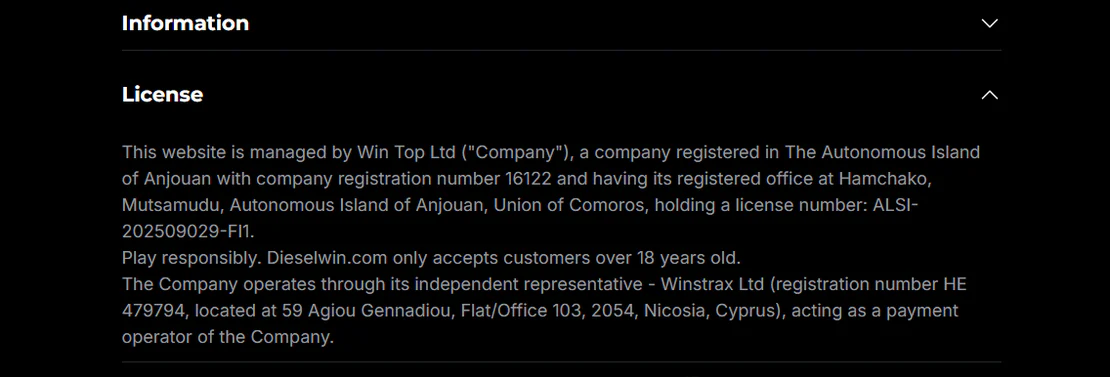 dieselwin casino license
